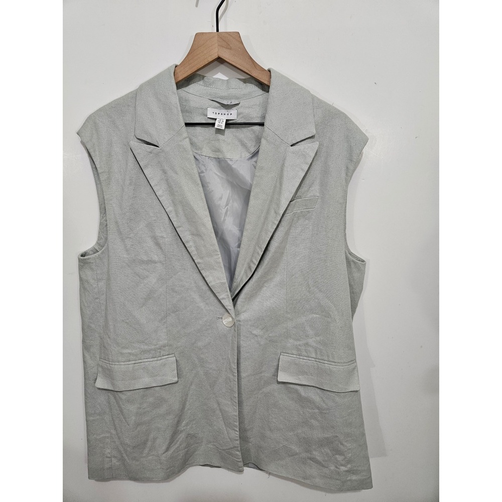 Topshop Womens 8 Gray Linen Blend Longline Blazer Vest Sleeveless Minimalist